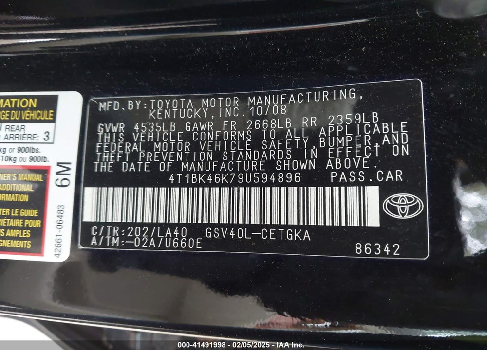 2009 TOYOTA CAMRY XLE V6 VIN: 4T1BK46K79U594896
