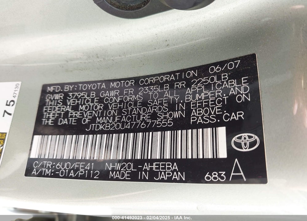 2007 TOYOTA PRIUS VIN: JTDKB20U477677555