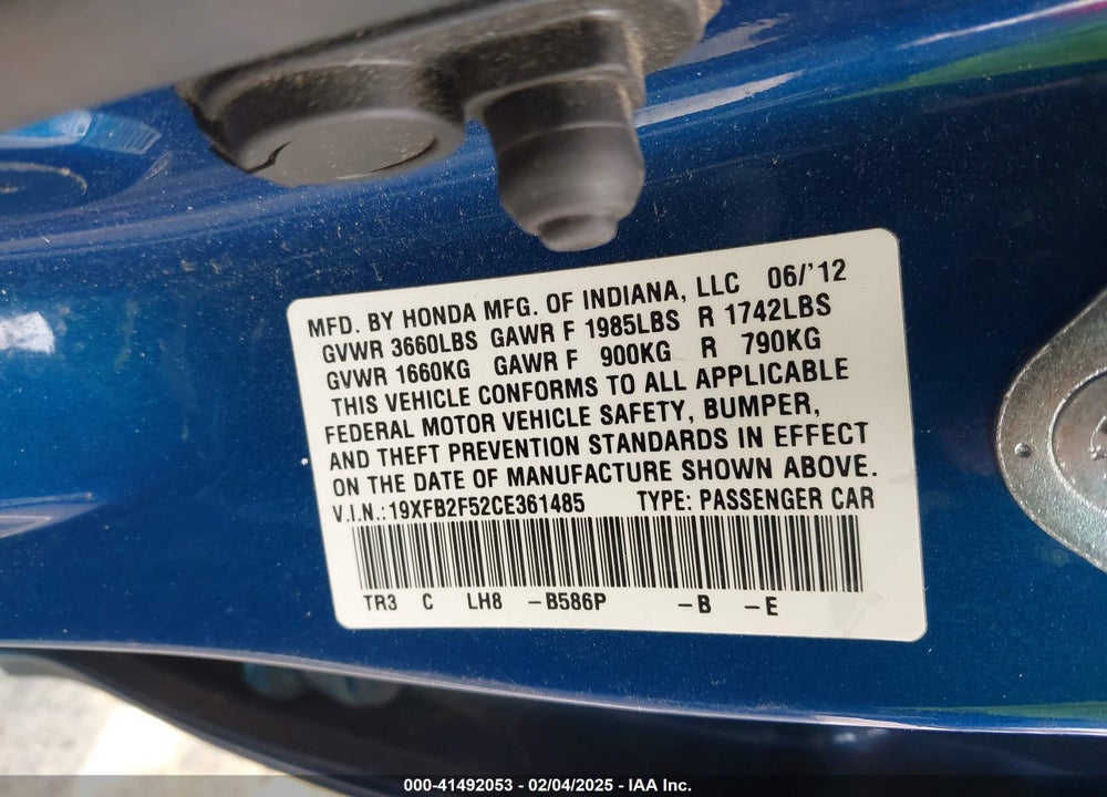 2012 HONDA CIVIC LX VIN: 19XFB2F52CE361485