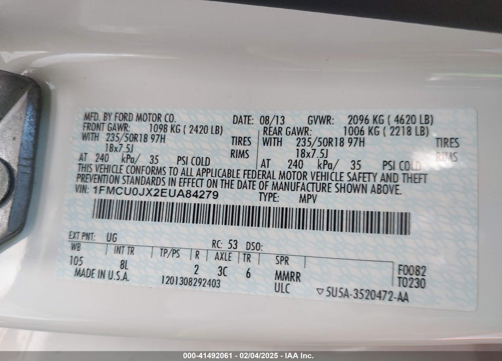 2014 FORD ESCAPE TITANIUM VIN: 1FMCU0JX2EUA84279