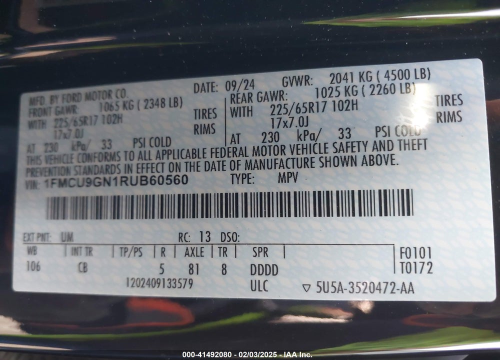 2024 FORD ESCAPE ACTIVE VIN: 1FMCU9GN1RUB60560