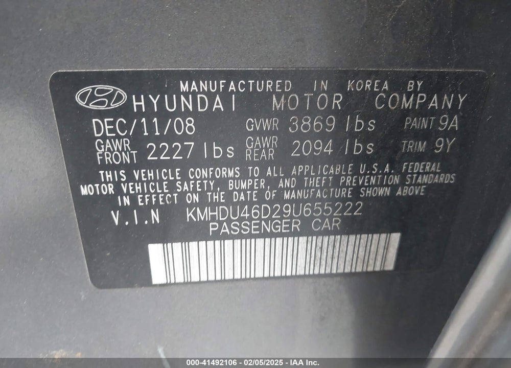 2009 HYUNDAI ELANTRA GLS VIN: KMHDU46D29U655222