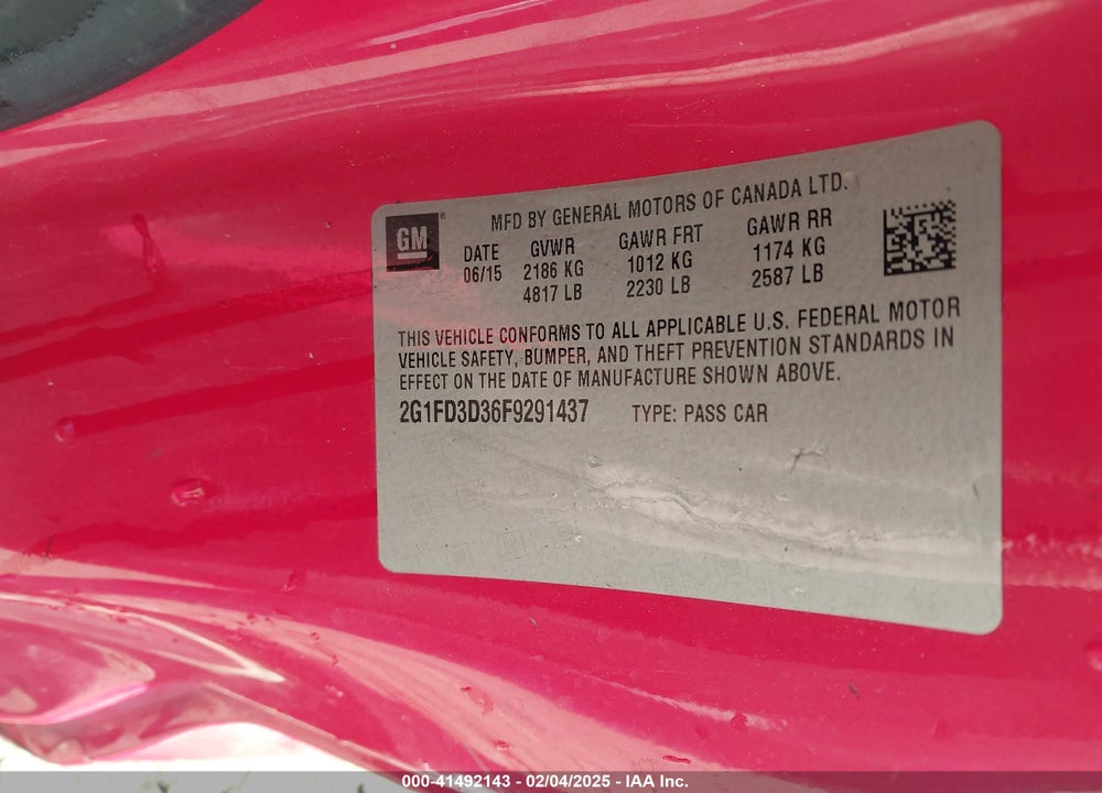 2015 CHEVROLET CAMARO VIN: 2G1FD3D36F9291437