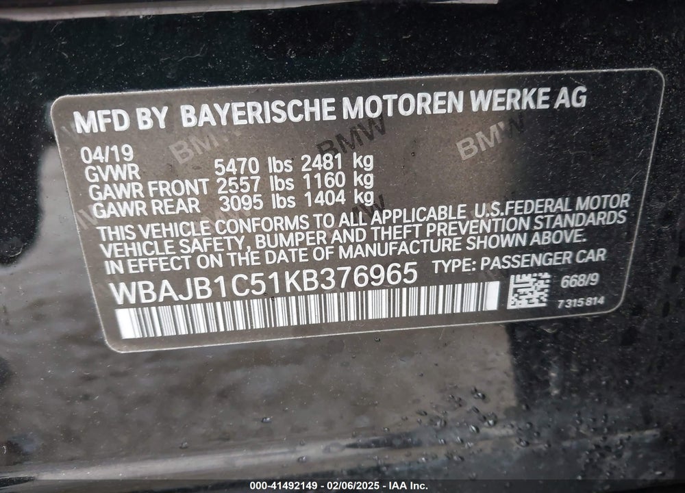 2019 BMW 530E VIN: WBAJB1C51KB376965