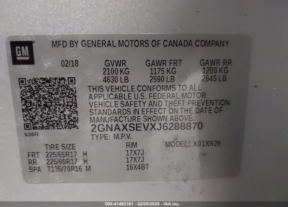 2018 CHEVROLET EQUINOX VIN: 2GNAXSEVXJ6288870
