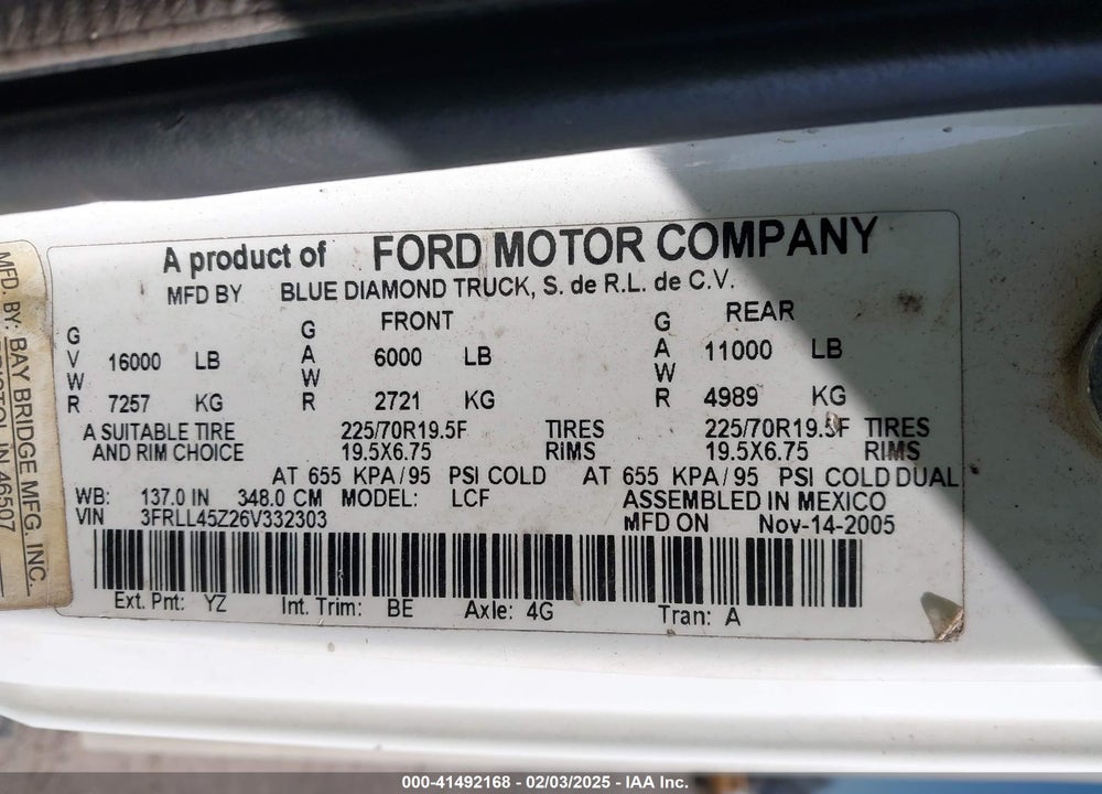2006 FORD LCF 645A VIN: 3FRLL45Z26V332303