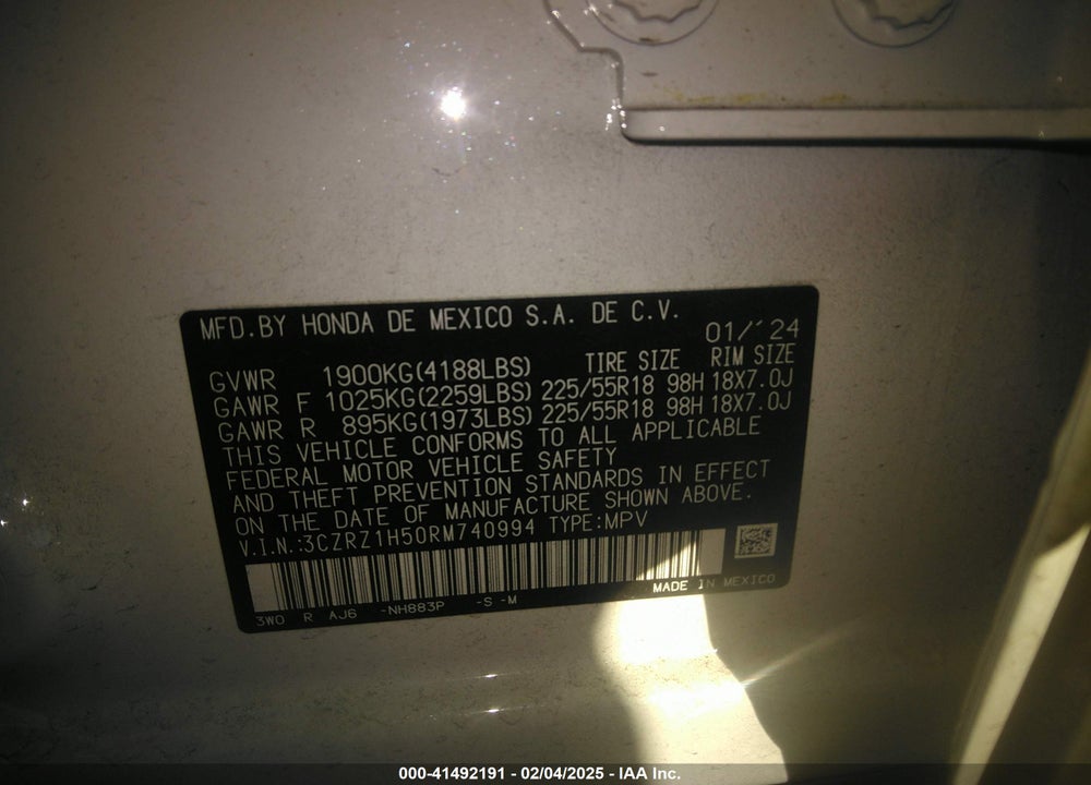2024 HONDA HR-V VIN: 3CZRZ1H50RM740994