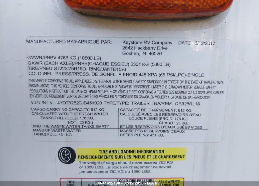 2018 KEYSTONE OUTBACK SUPER-LITE S VIN: 4YDT32820JB451020