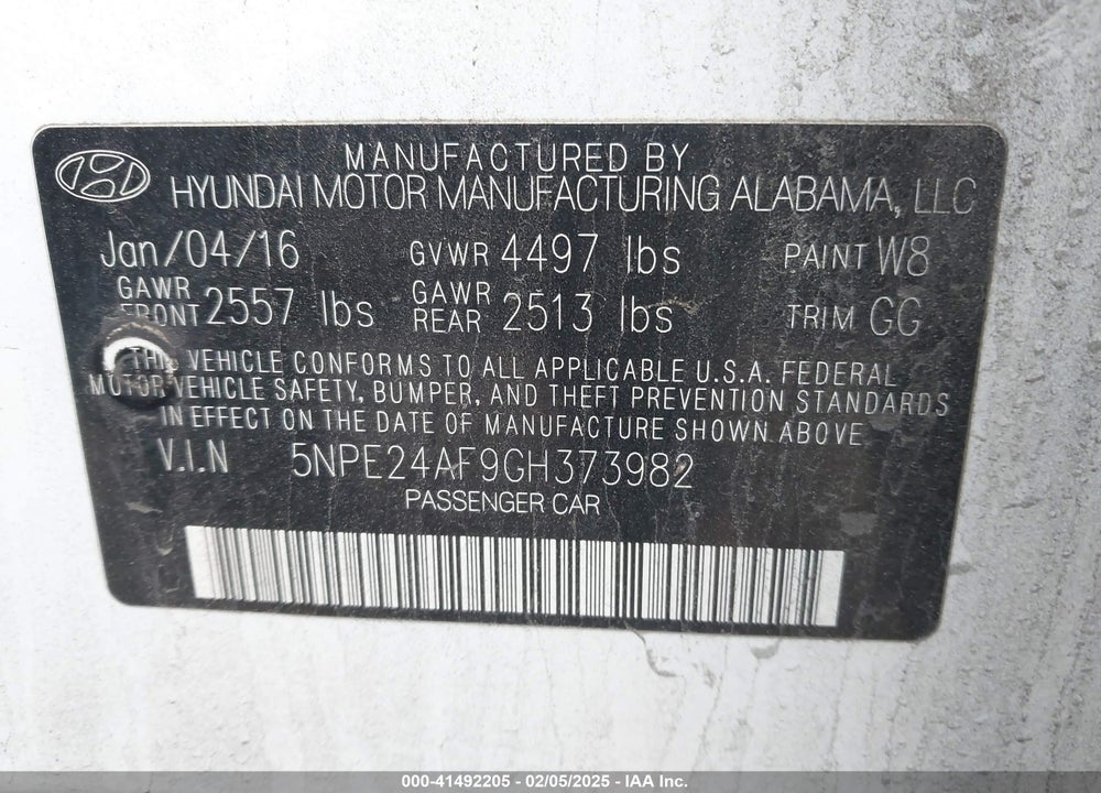 2016 HYUNDAI SONATA VIN: 5NPE24AF9GH373982