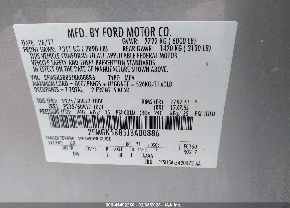 2018 FORD FLEX SE VIN: 2FMGK5B85JBA00886