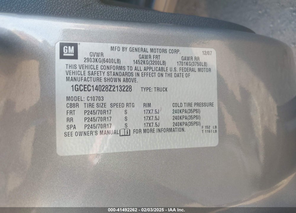 2008 CHEVROLET SILVERADO 1500 LT1 VIN: 1GCEC14028Z213228