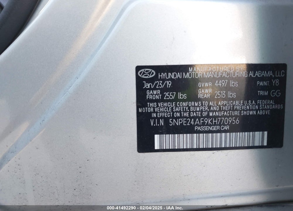 2019 HYUNDAI SONATA VIN: 5NPE24AF9KH770956