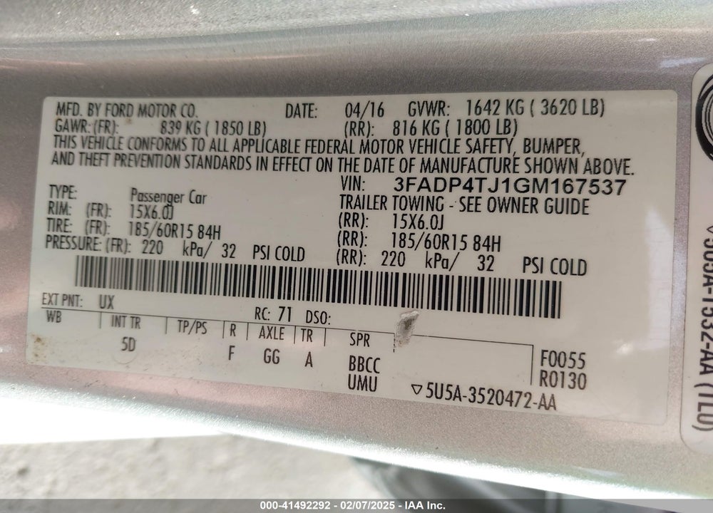 2016 FORD FIESTA VIN: 3FADP4TJ1GM167537