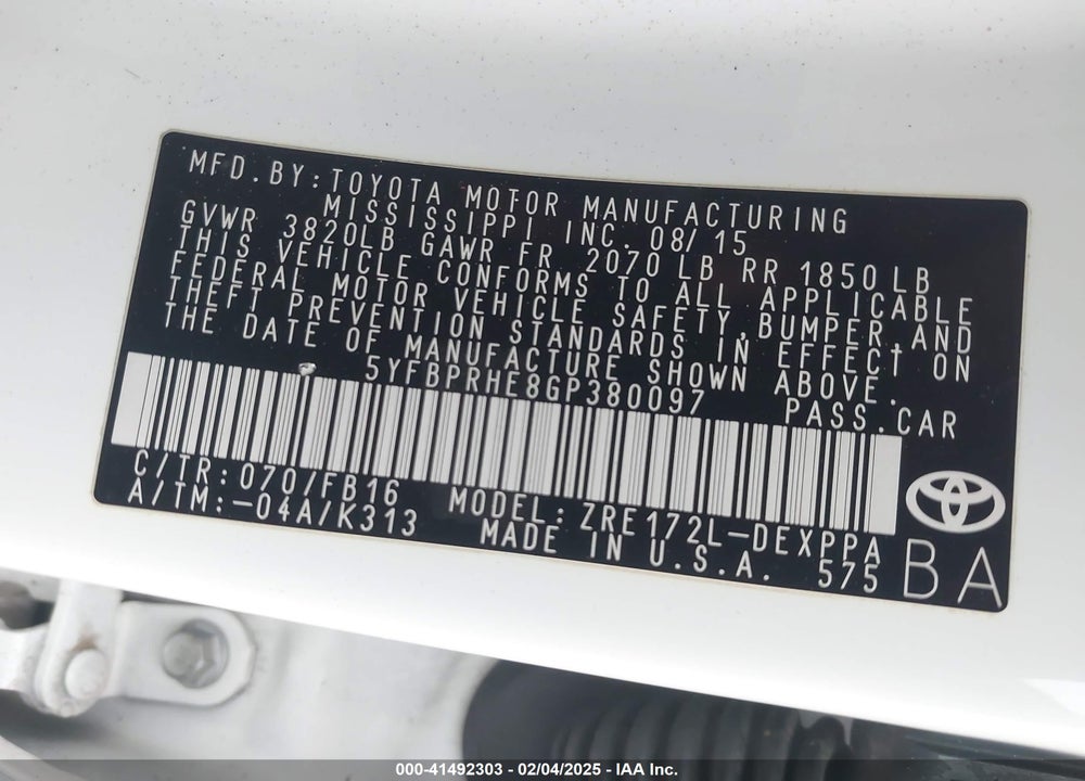 2016 TOYOTA COROLLA VIN: 5YFBPRHE8GP380097