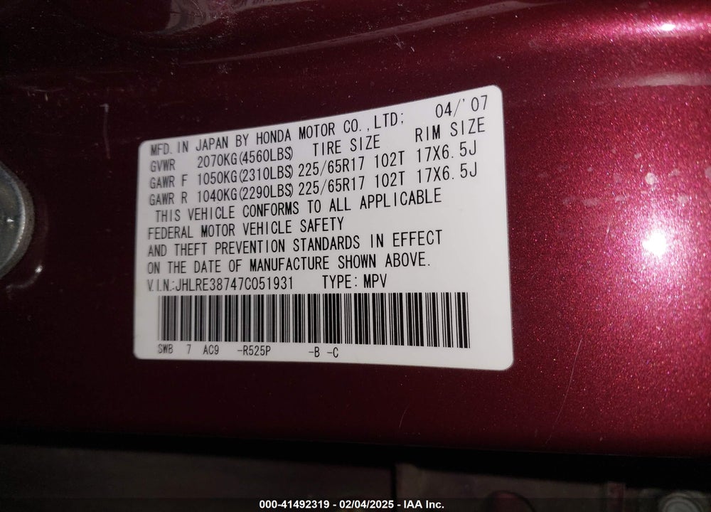 2007 HONDA CR-V EX-L VIN: JHLRE38747C051931