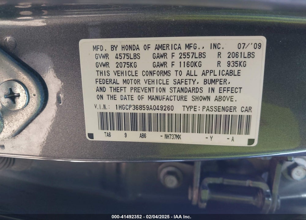 2009 HONDA ACCORD VIN: 1HGCP36859A049260