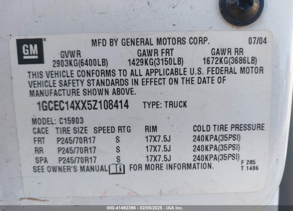 2005 CHEVROLET SILVERADO 1500 WORK TRUCK VIN: 1GCEC14XX5Z108414