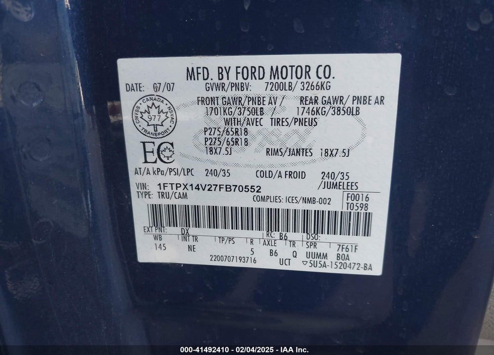 2007 FORD F150 VIN: 1FTPX14V27FB70552