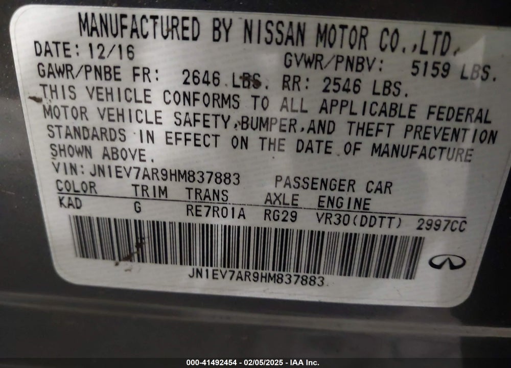 2017 INFINITI Q50 VIN: JN1EV7AR9HM837883
