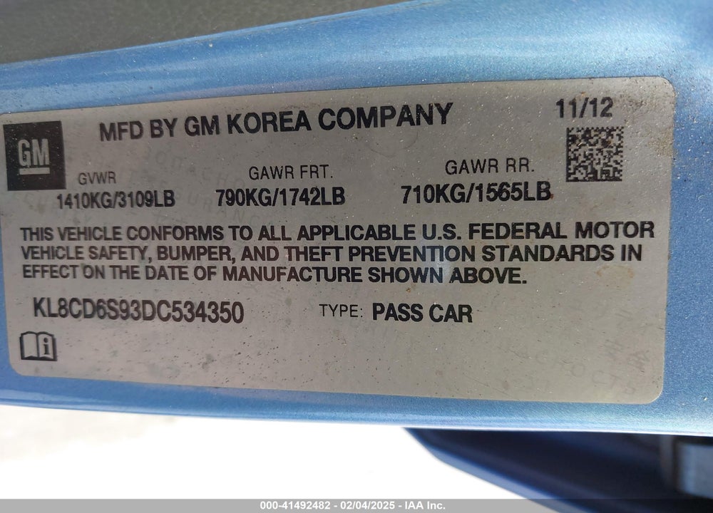2013 CHEVROLET SPARK 1LT AUTO VIN: KL8CD6S93DC534350
