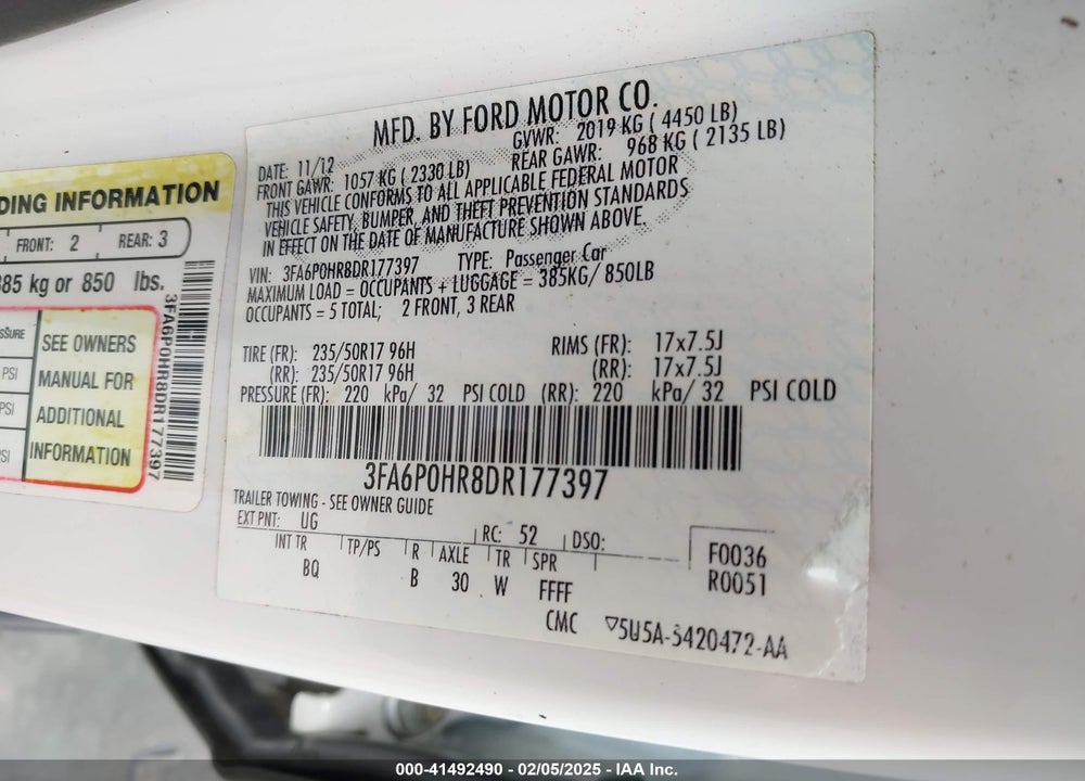2013 FORD FUSION VIN: 3FA6P0HR8DR177397