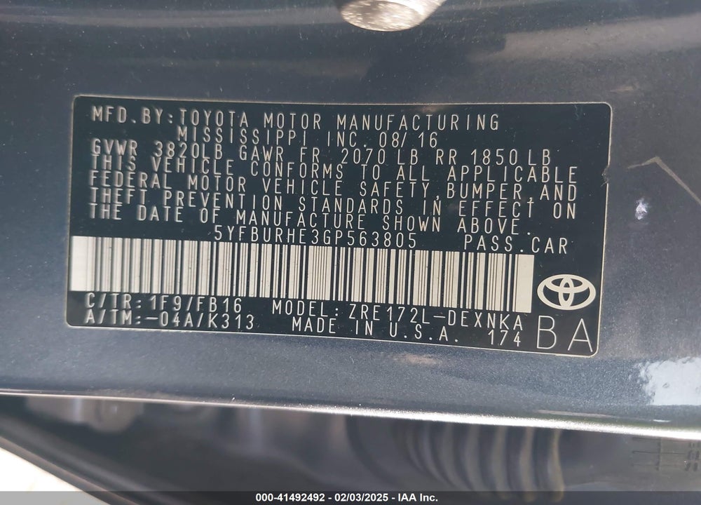 2016 TOYOTA COROLLA VIN: 5YFBURHE3GP563805