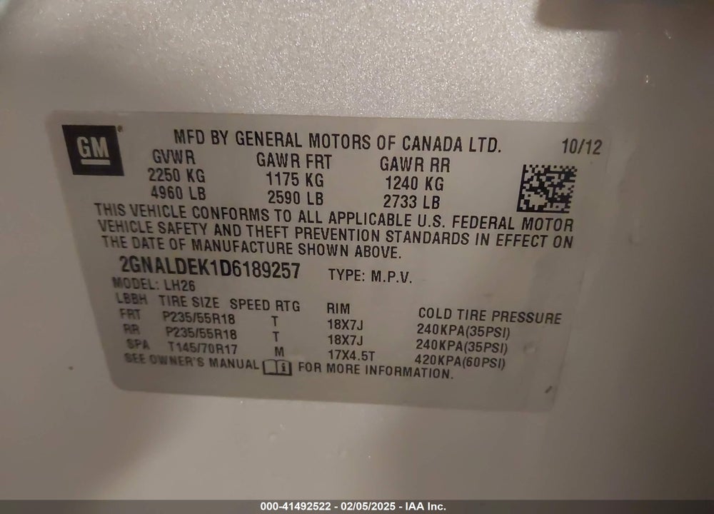 2013 CHEVROLET EQUINOX 1LT VIN: 2GNALDEK1D6189257