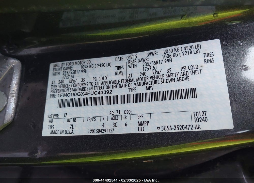 2015 FORD ESCAPE VIN: 1FMCU0GX4FUC43392