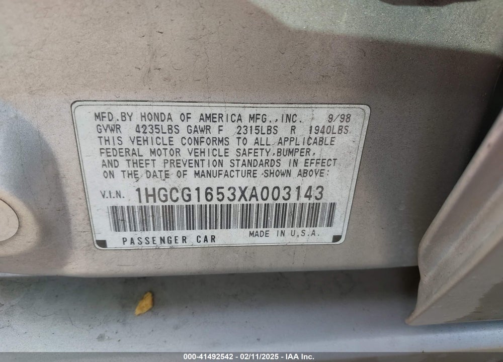 1999 HONDA ACCORD EX V6 VIN: 1HGCG1653XA003143