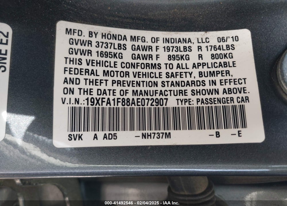 2010 HONDA CIVIC EX VIN: 19XFA1F88AE072907