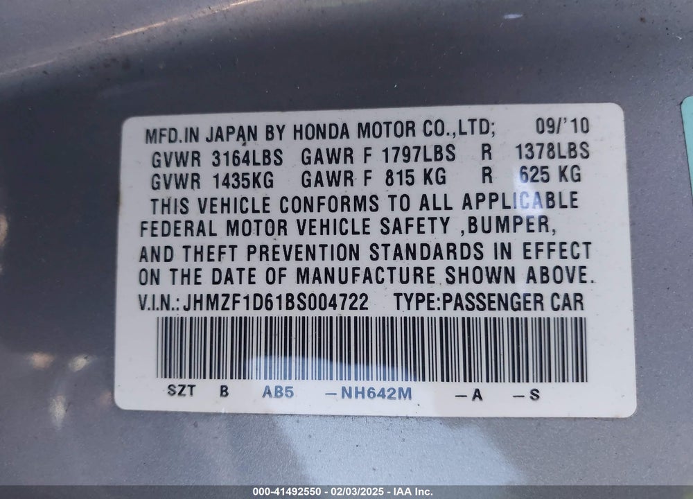 2011 HONDA CR-Z EX VIN: JHMZF1D61BS004722
