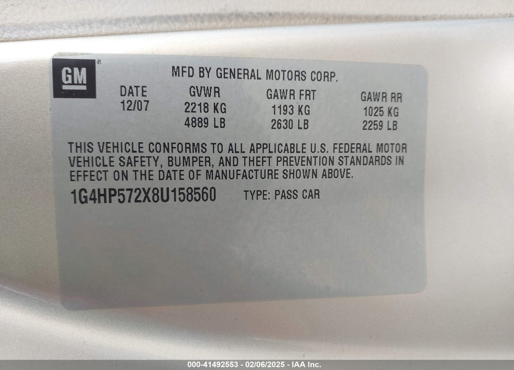 2008 BUICK LUCERNE CX VIN: 1G4HP572X8U158560