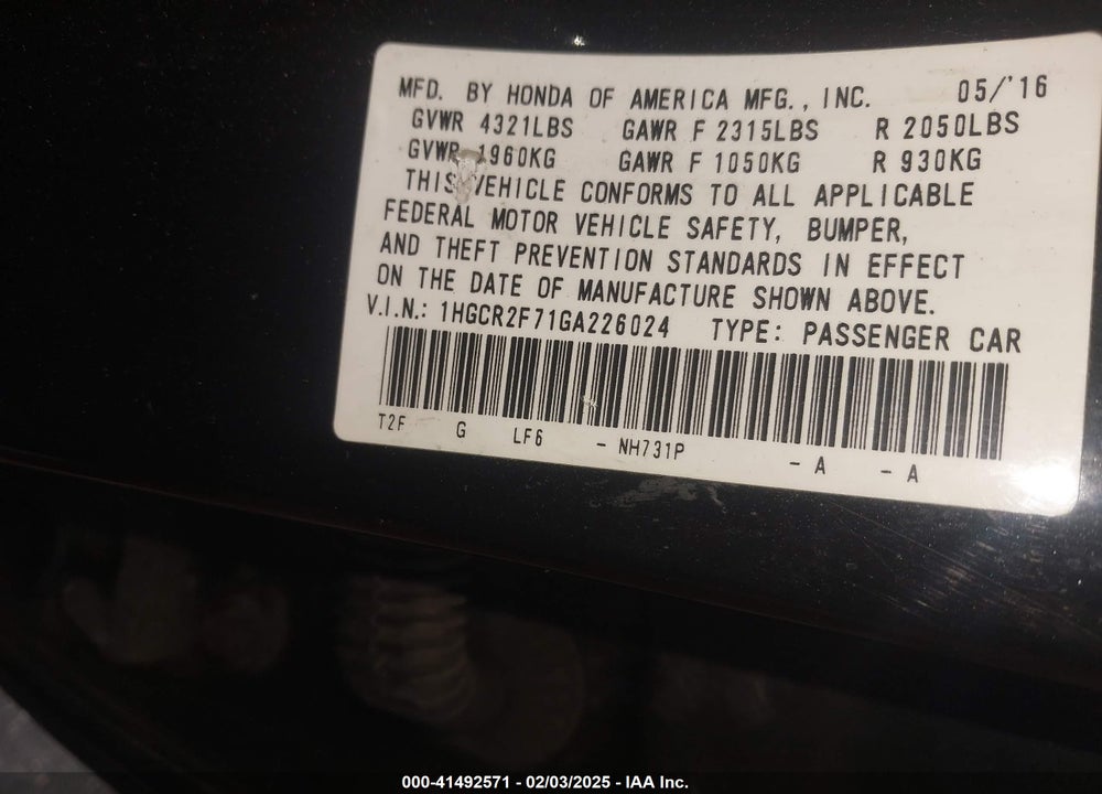 2016 HONDA ACCORD VIN: 1HGCR2F71GA226024