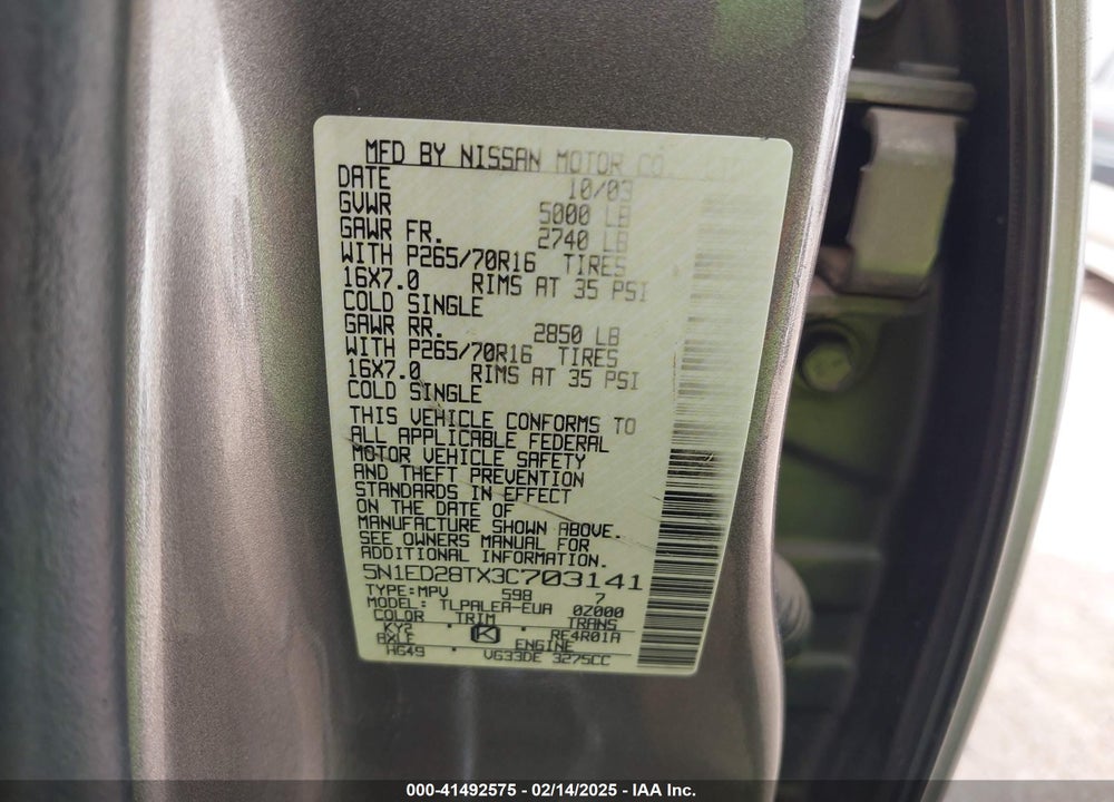 2003 NISSAN XTERRA XE VIN: 5N1ED28TX3C703141