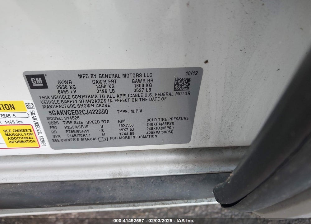 2012 BUICK ENCLAVE LEATHER VIN: 5GAKVCED2CJ422990