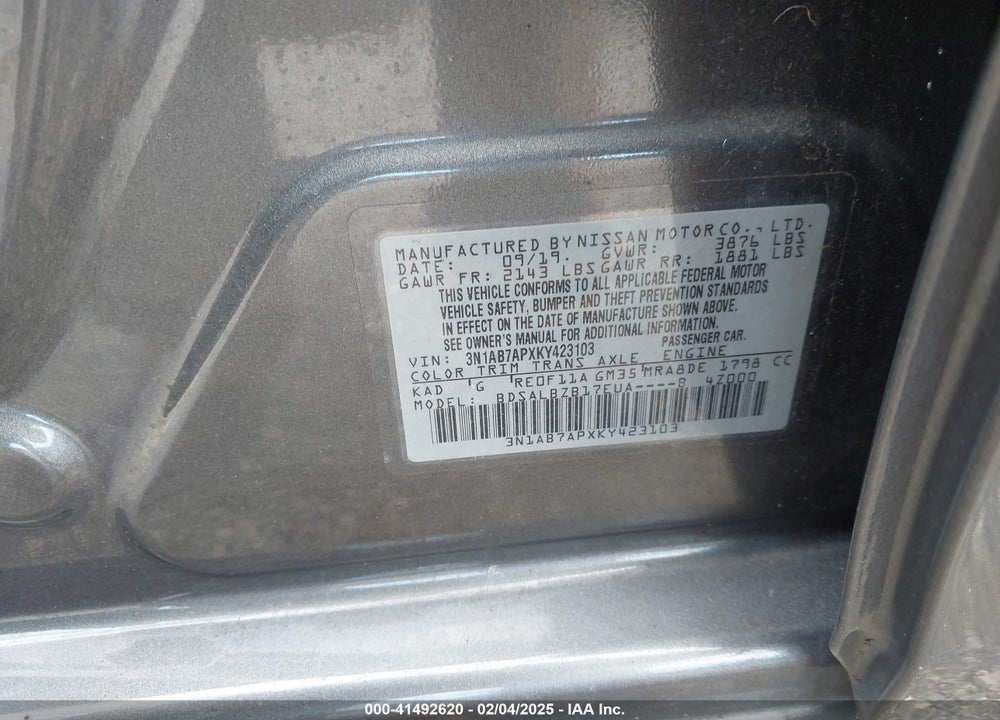 2019 NISSAN SENTRA VIN: 3N1AB7APXKY423103