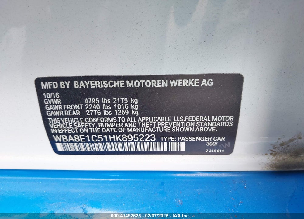 2017 BMW 330E VIN: WBA8E1C51HK895223