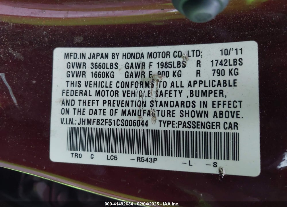 2012 HONDA CIVIC VIN: JHMFB2F51CS006044