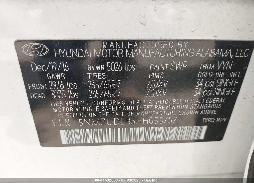 2017 HYUNDAI SANTA FE SPORT VIN: 5NMZUDLB5HH035757