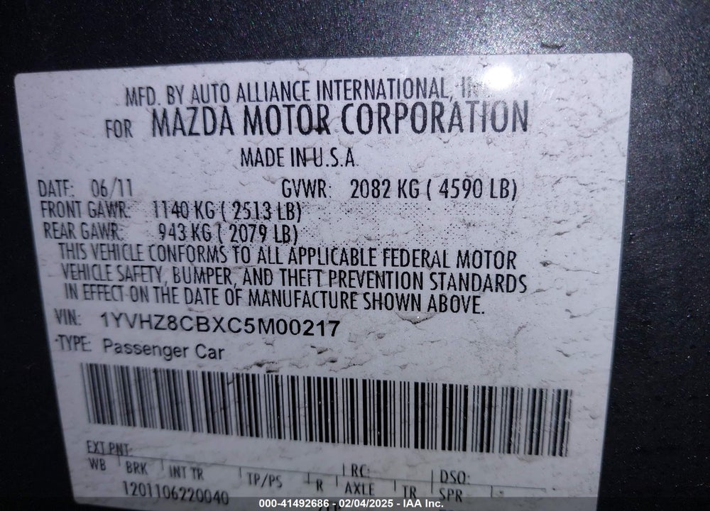 2012 MAZDA MAZDA6 VIN: 1YVHZ8CBXC5M00217