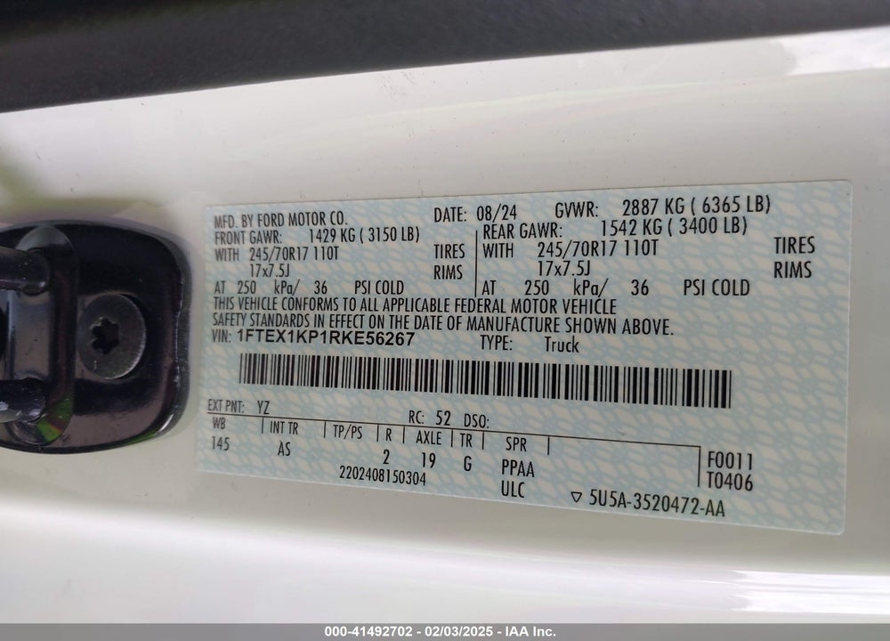 2024 FORD F-150 XL VIN: 1FTEX1KP1RKE56267