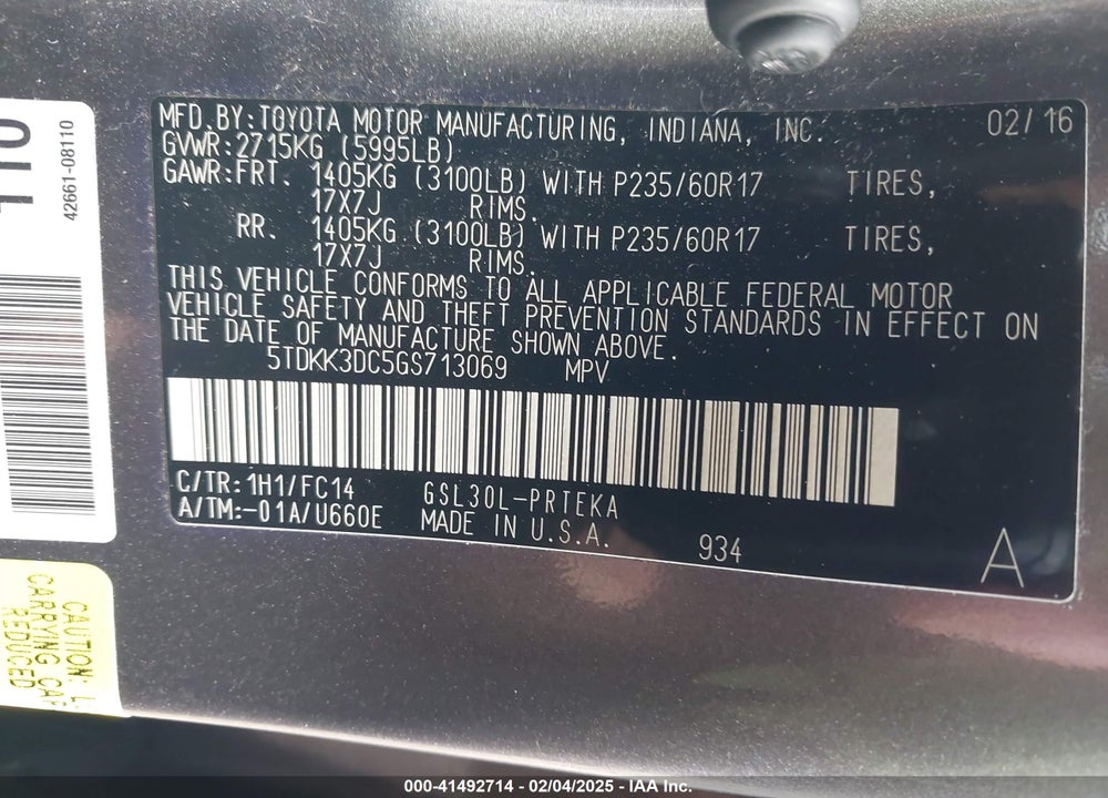 2016 TOYOTA SIENNA LE 8 PASSENGER VIN: 5TDKK3DC5GS713069