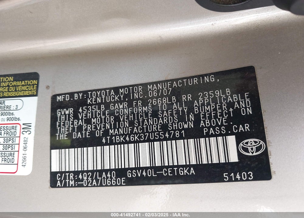 2007 TOYOTA CAMRY VIN: 4T1BK46K37U554781
