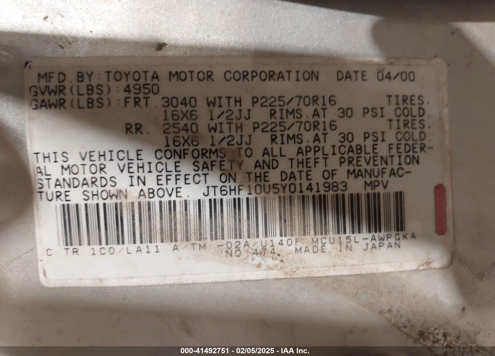 2000 LEXUS RX 300 VIN: JT6HF10U5Y0141983