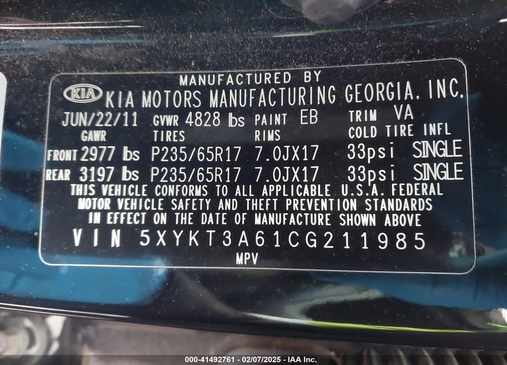 2012 KIA SORENTO LX VIN: 5XYKT3A61CG211985