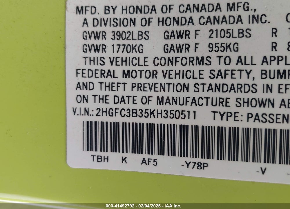 2019 HONDA CIVIC VIN: 2HGFC3B35KH350511