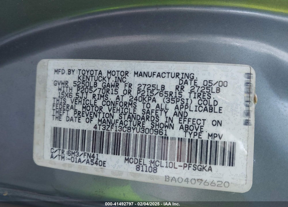 2000 TOYOTA SIENNA LE VIN: 4T3ZF13C8YU300961