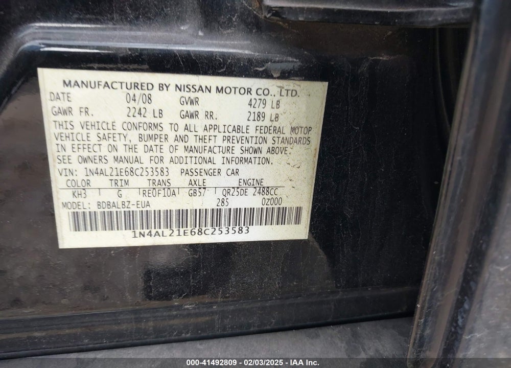 2008 NISSAN ALTIMA 2.5 S VIN: 1N4AL21E68C253583