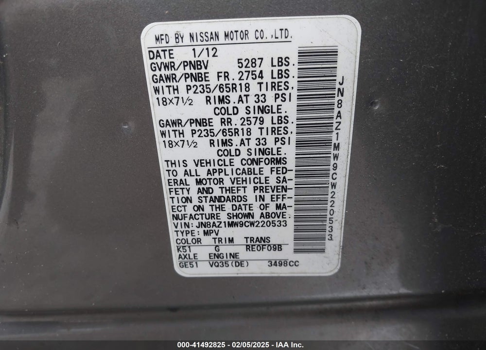 2012 NISSAN MURANO SV VIN: JN8AZ1MW9CW220533