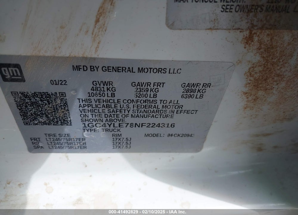 2022 CHEVROLET SILVERADO 2500HD 4WD LONG BED WT VIN: 1GC4YLE78NF224316